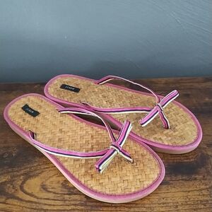 J. Crew Women's 9.5 Pink Yellow Blue Basket Weave Insole Flip Flop Sandal -Read